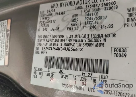 2004 Ford Explorer Eddie Bauer из США, поврежденный, VIN 1FMZU64K34UB56618